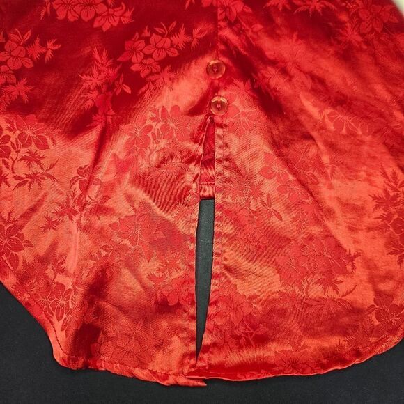 Vintage Gina USA Red Floral Jacquard Satin Short Sleeve Button Down Sleep Shirt - Picture 7 of 7